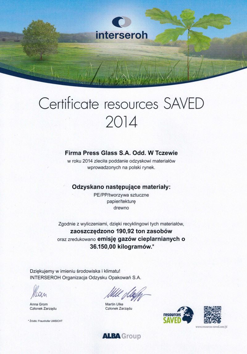 Certificate resources SAVED 2014 - PRESS GLASS Tczew